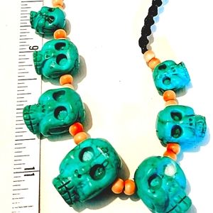 Vintage Seven Carved Skull Handmade Real Teal Stones Necklace Macrame Bone Beads